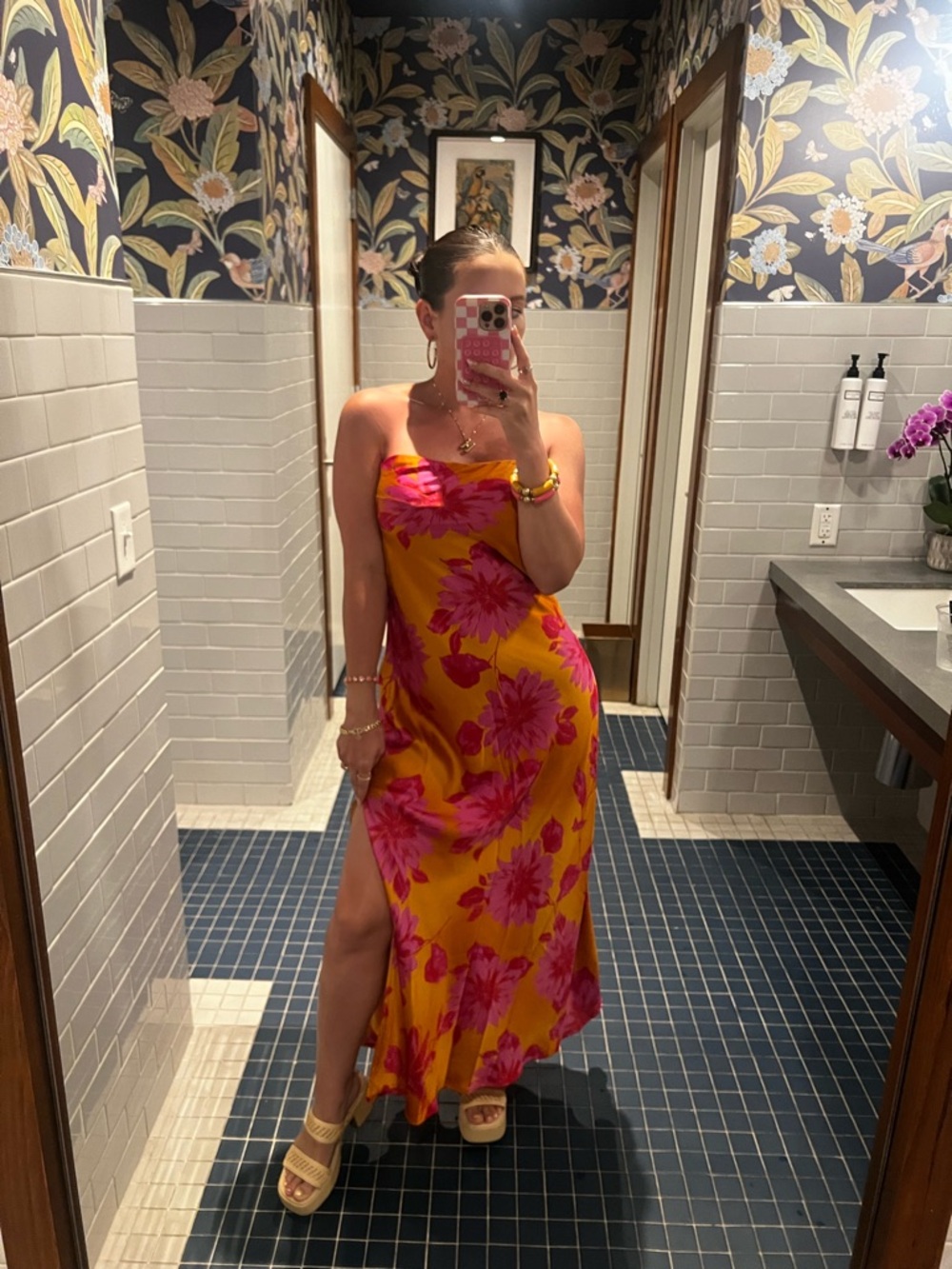 Vibrant Orange Slip Dress with Pink Floral Print